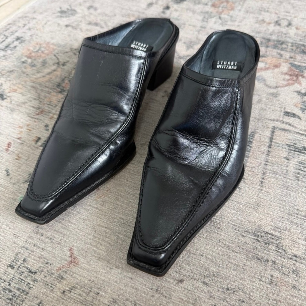 Stuart Weitzman Mules Women 6 Black Leather Square Toe Vintage Block Heel Chic